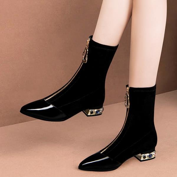 comemore New Women's Rubber Boots Zipper Booties Ladies Boots-women Crystal Ankle Pointy Shoes 2021 Stockings Autumn Rhinestone