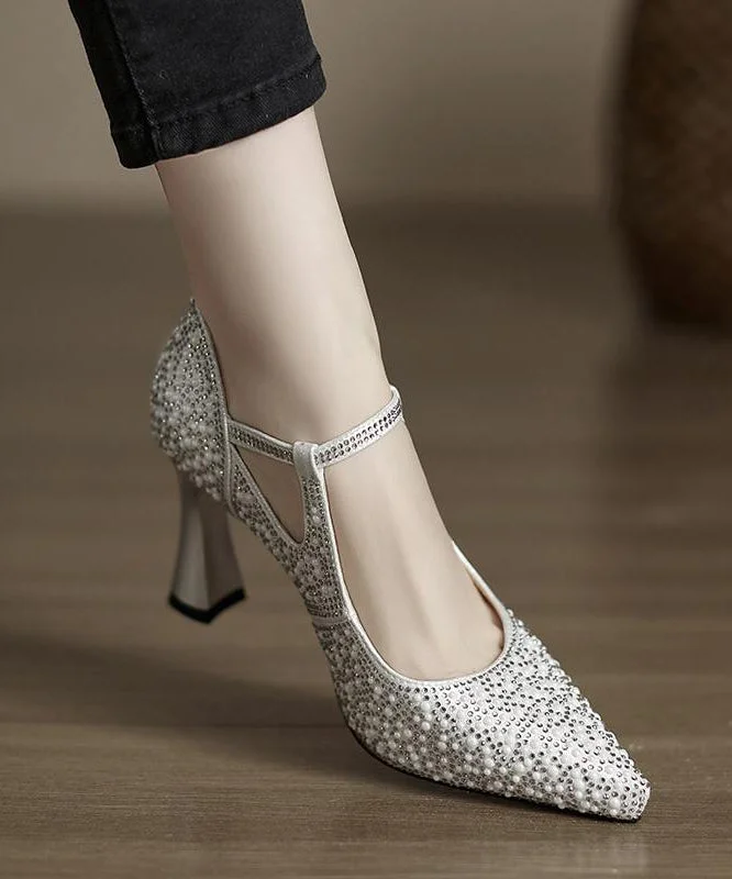 Comfy Splicing High Heels Pointed Toe Silver Cowhide Leather Zircon