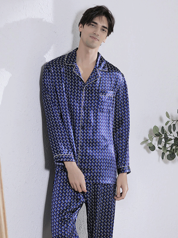 25 Momme Blue Long Sleeve Silk Pajamas For Men
