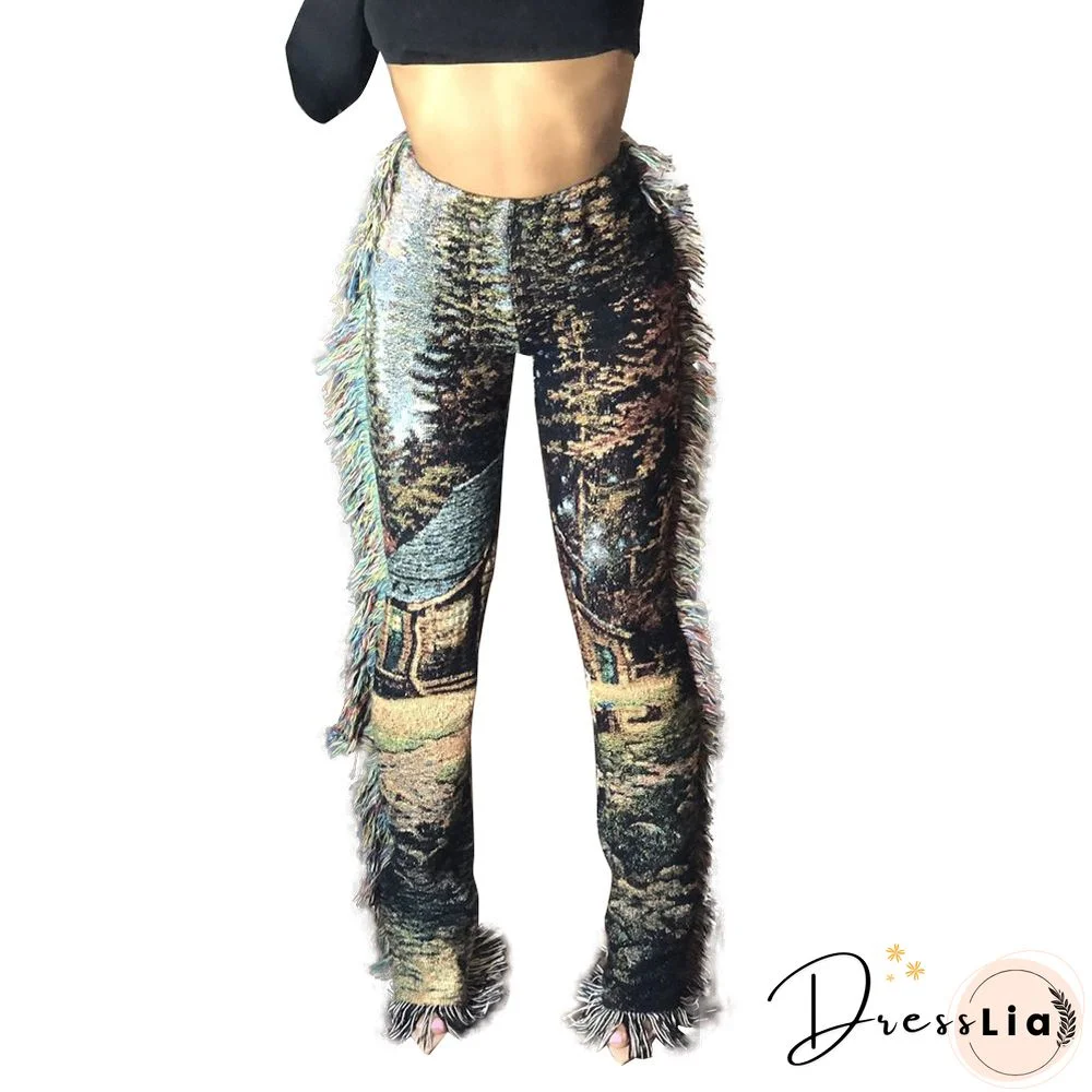 Side Tassels Patchwork Elastic Waist Women Print Jogger Pant