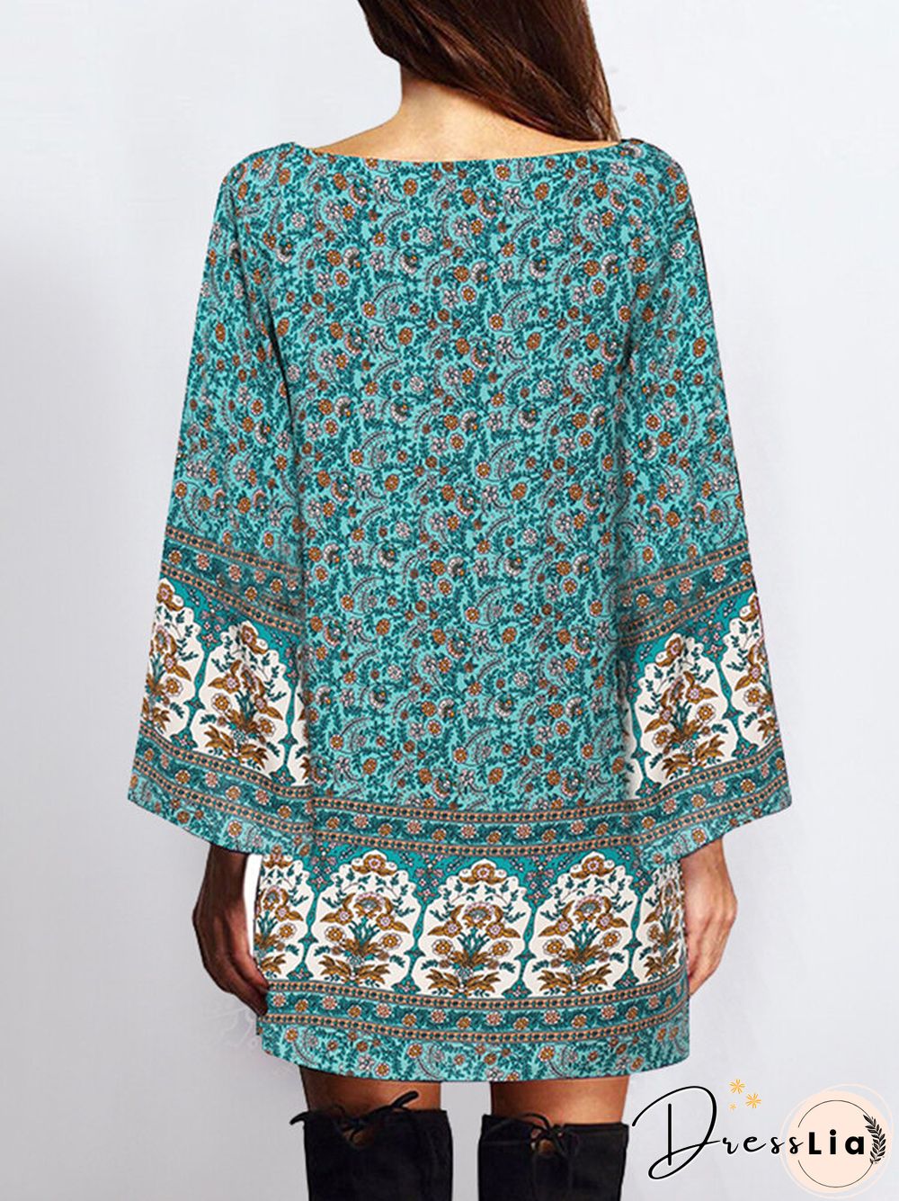 Floral Print Bohemian Long Sleeve Crew Neck Dress For Women
