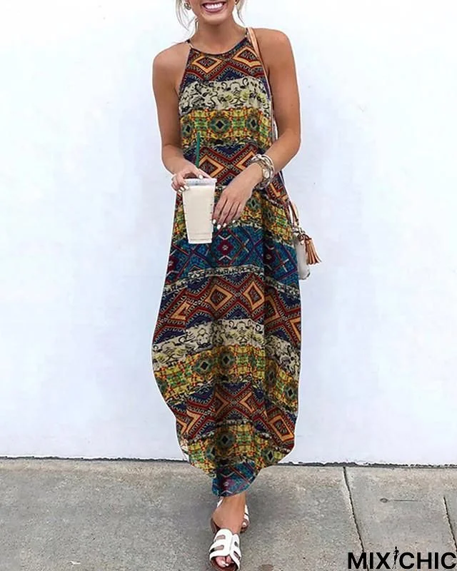 Women's Loose Maxi Long Dress - Sleeveless Floral Print Asymmetric Hem Summer Hot Holiday Loose Yellow Wine Green