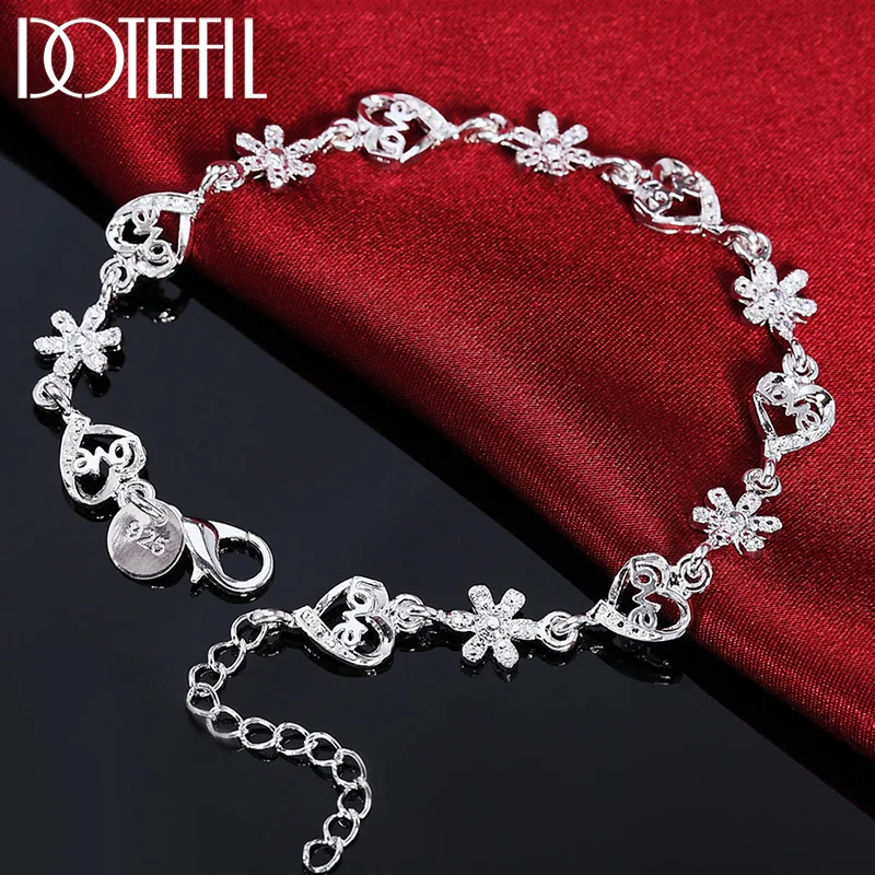 DOTEFFIL 925 Sterling Silver AAA Zircon Full Heart Flower Bracelet For Women Jewelry
