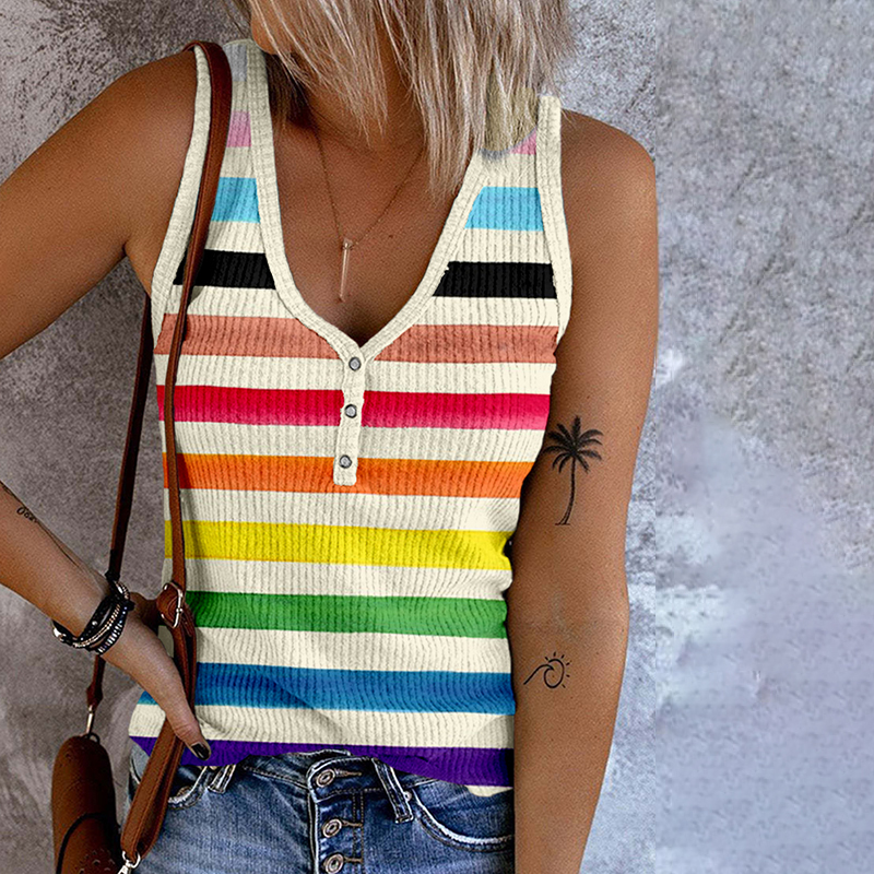 Comstylish Pride Stripes Pattern V Neck Button Up Tank Top