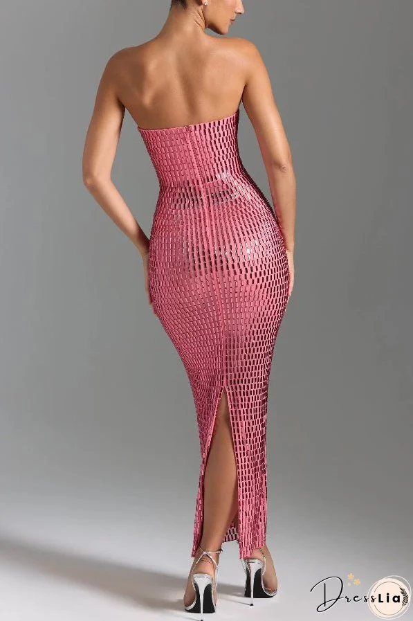 Flash Sculpture Rhinestone Embellished Bandeau Slit Stretch Maxi Dress