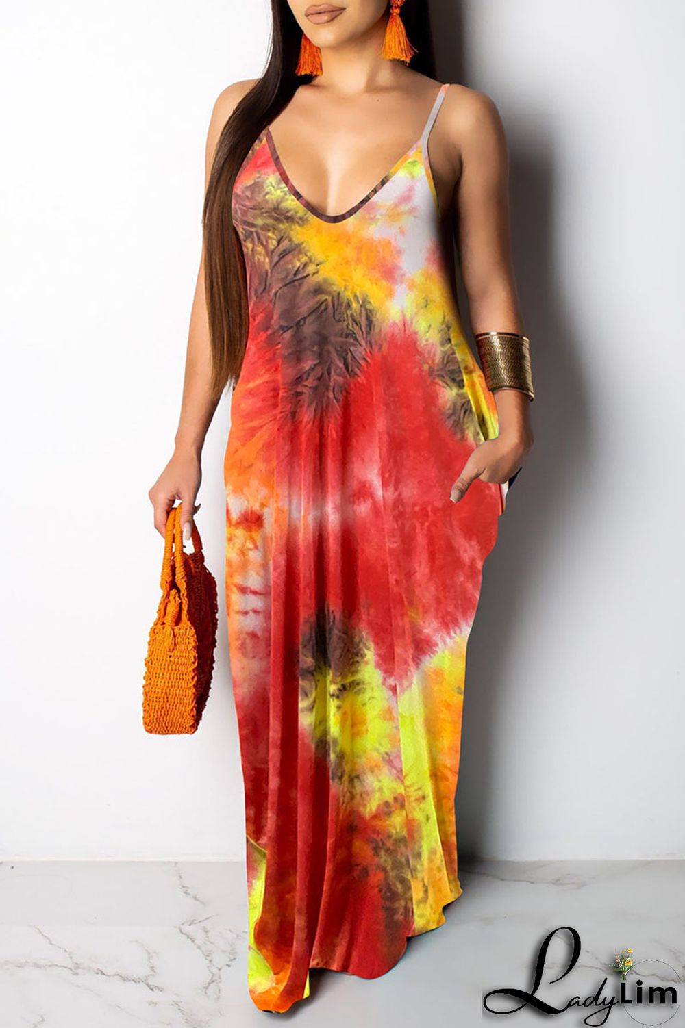 Yellow Sexy Print Patchwork Spaghetti Strap Sling Dress Dresses