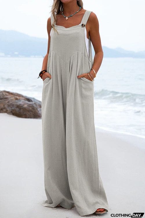 Solid Button Sling Wide-Leg Jumpsuit