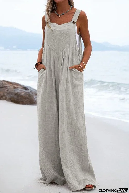 Solid Button Sling Wide-Leg Jumpsuit