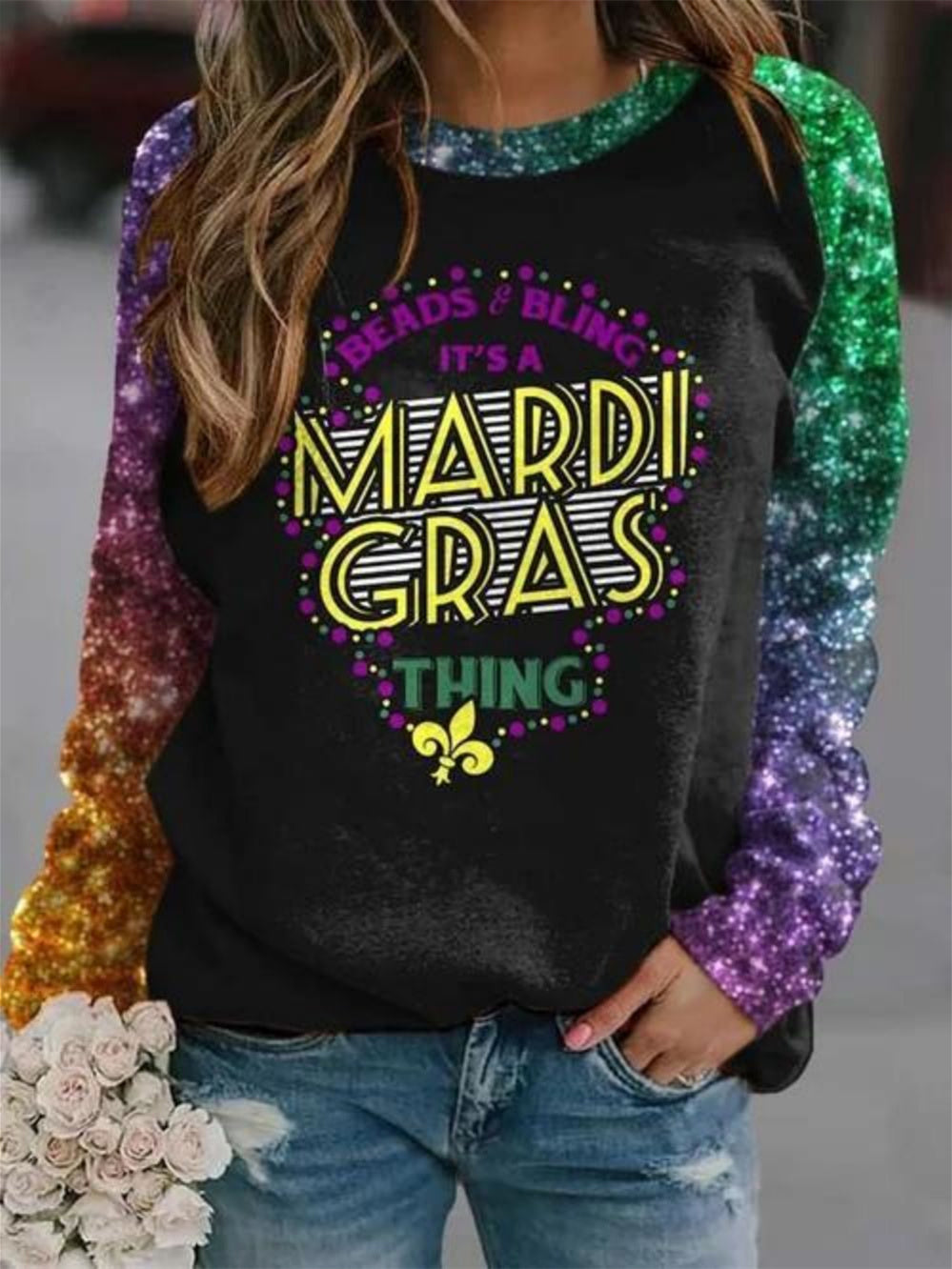 Women Long Sleeve Scoop Neck Printed Graphic Colorblock Geometric Mardi Gras Raglan Crewneck Sweatshirt Tops