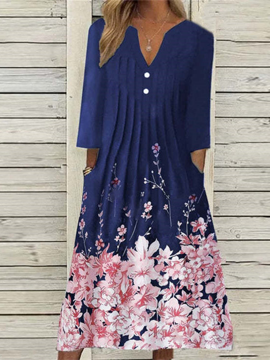 Women 3/4 Sleeve V-neck Floral Printed Maxi Dress