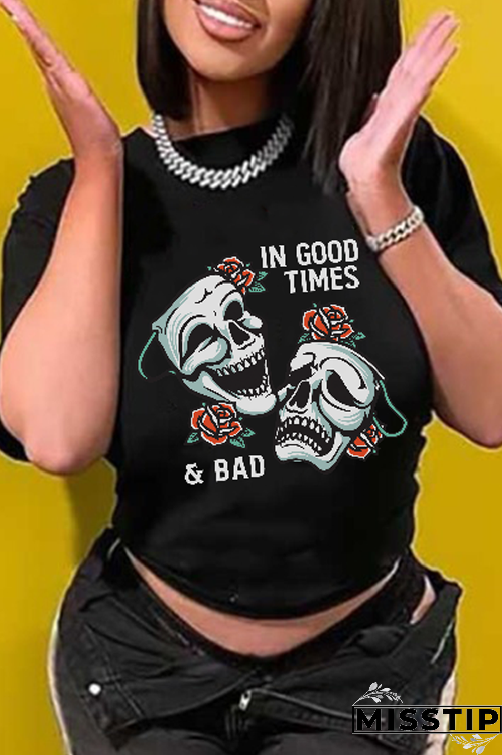 Black Casual Daily Print Patchwork O Neck T-Shirts