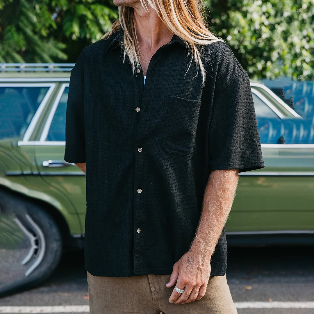 Men's Vintage Casual Textured Short Sleeve Stripe Shirt-inspireuse