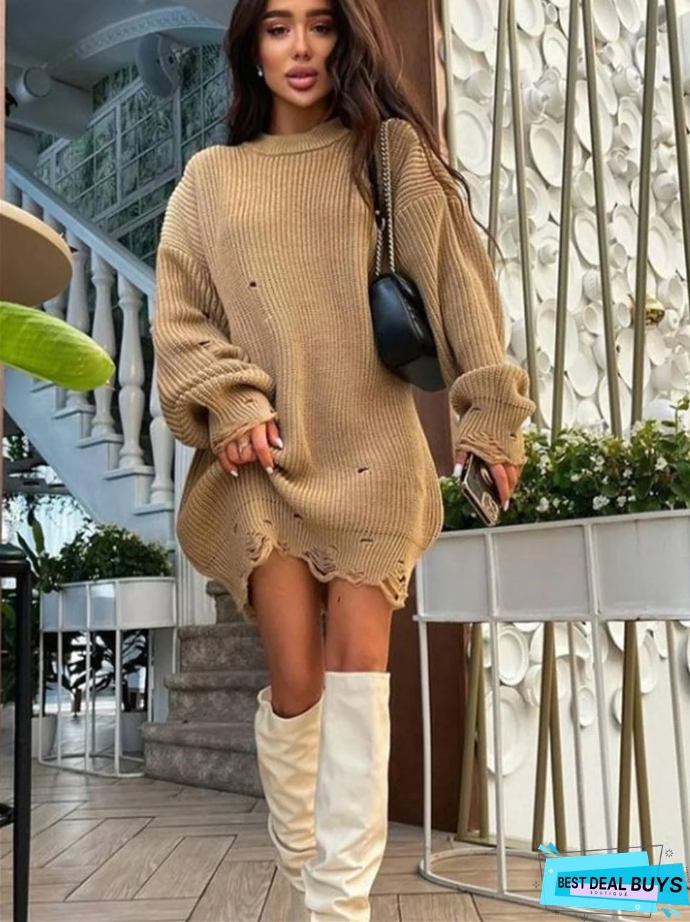 Temperament Commuting Long Sleeve Round Neck Thick Needle Hem Irregular Knitting Sweater Dress