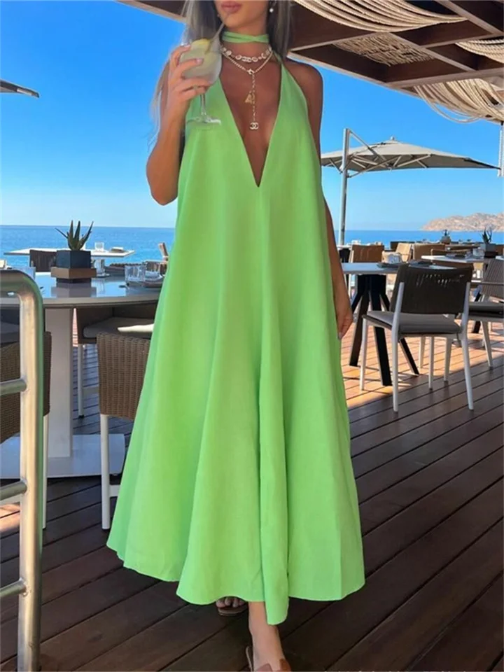 New Solid Color Hanging V-neck Temperament Elegant Backless Wide Loose Waist Big Hem Flare Type Long Dress Dress-Cosfine