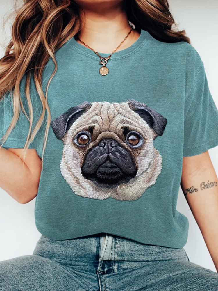 Comstylish Dog Embroidery Pattern Vintage Short Sleeve T-Shirt