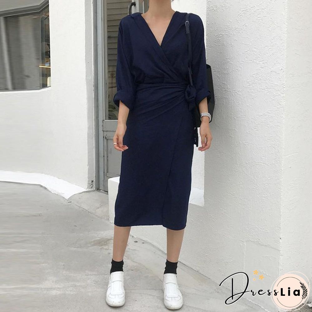 Sexy V Collar Pure Color Package Hip Bodycon Dress