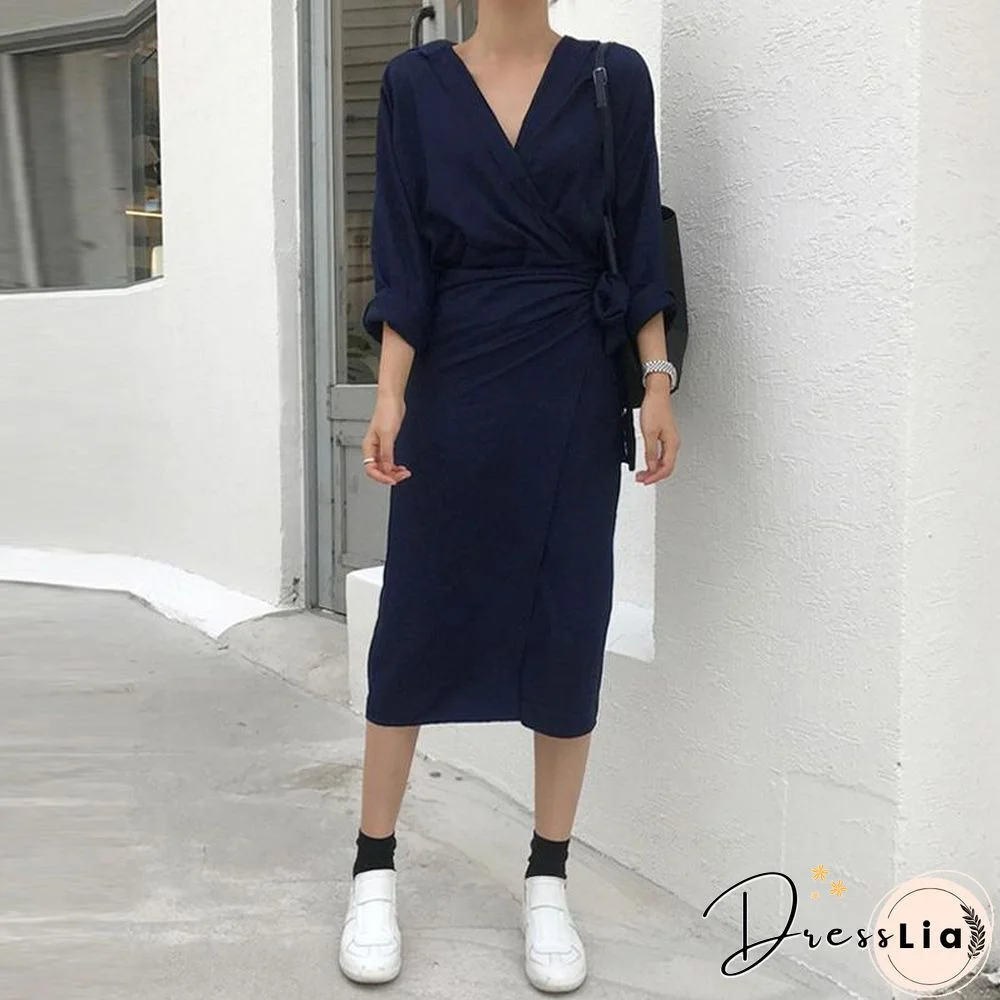 Sexy V Collar Pure Color Package Hip Bodycon Dress