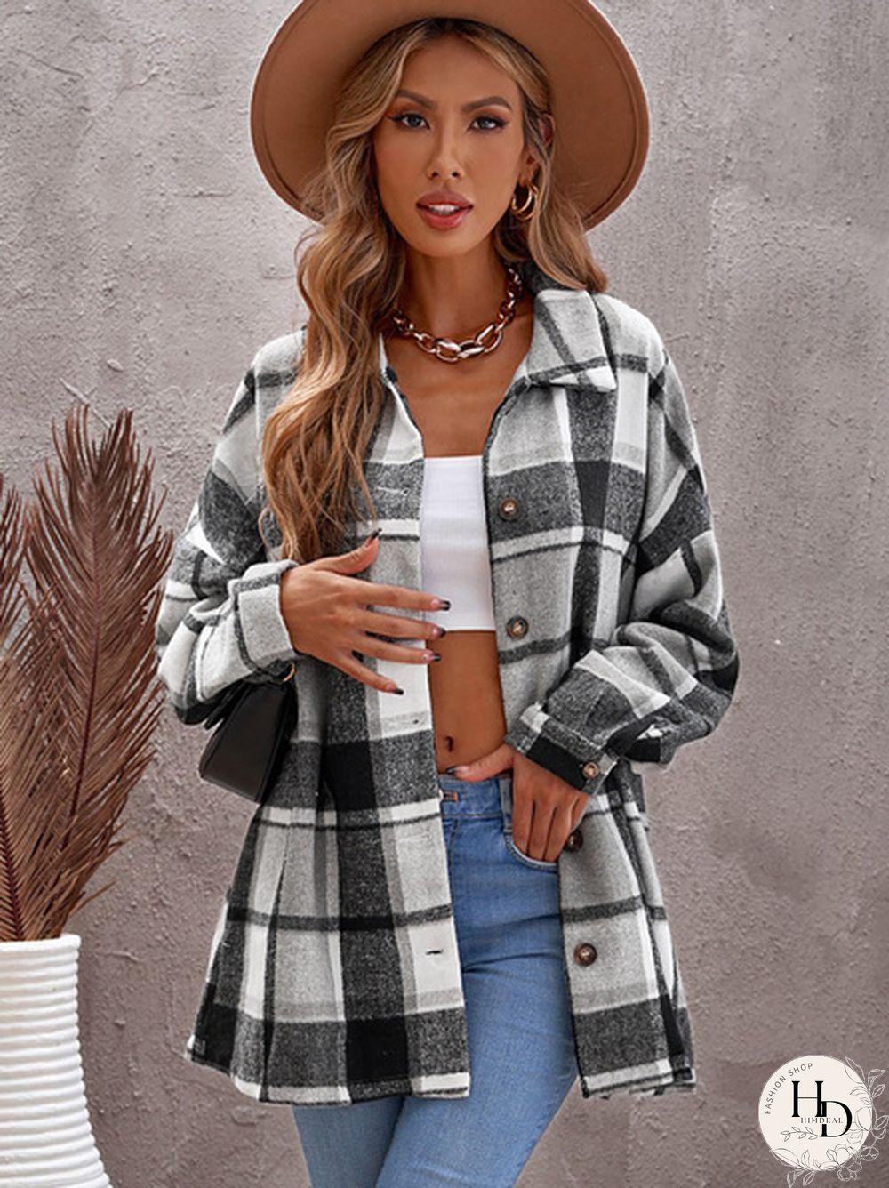 Women Plaid Print Buttoned Shirt Jacket