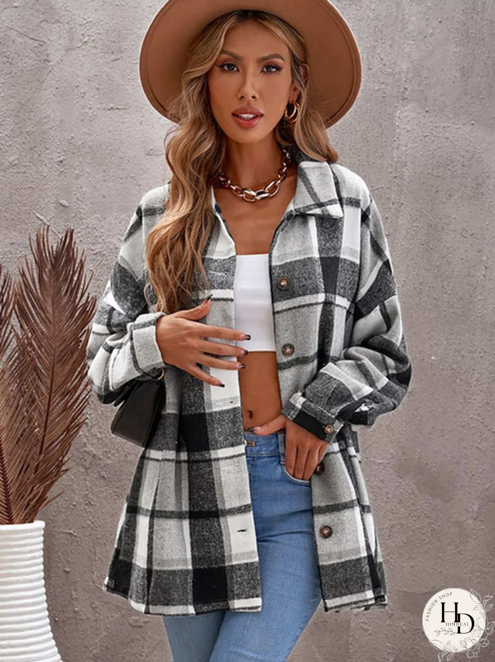 Women Plaid Print Buttoned Shirt Jacket
