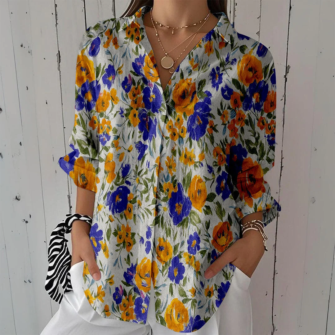 Style & Comfort for Mature Women Women Floral, Purple, Yellow DZCL0495 3/4 Sleeve Shirt Collar Printed Button Tops