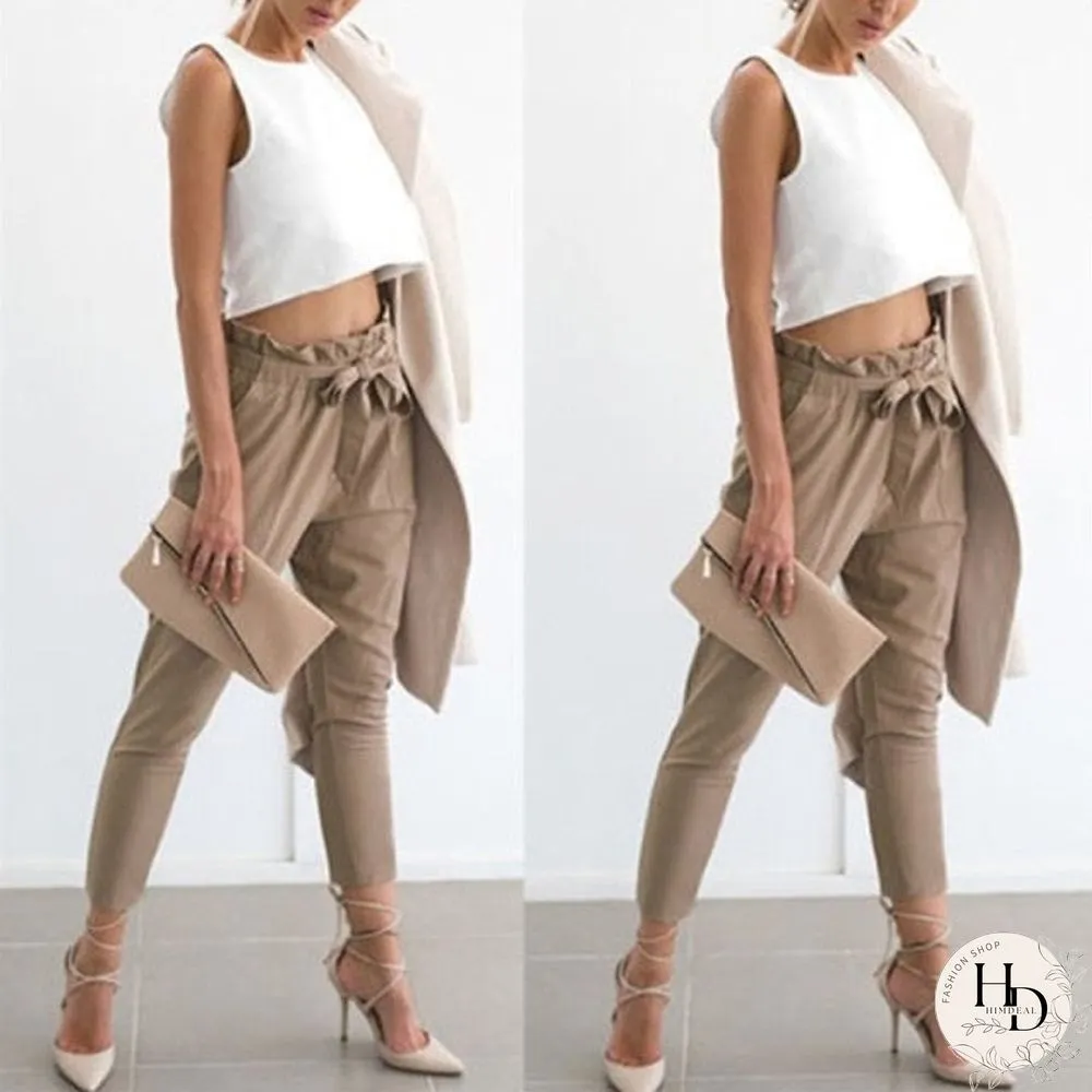 Loose Bow Tie Ruffles Women Pants Casual Solid High Waisted Belt Pocket Spring Women