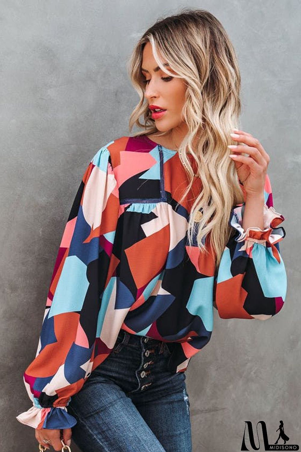 MidiSono - Abstract Pattern Crewneck Ruffled Puff Sleeve Blouse