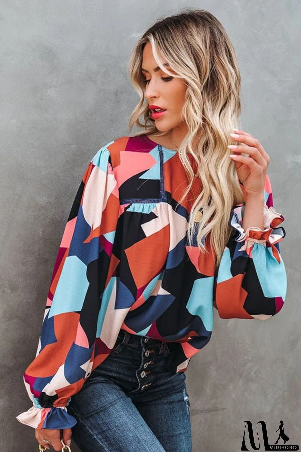 MidiSono - Abstract Pattern Crewneck Ruffled Puff Sleeve Blouse