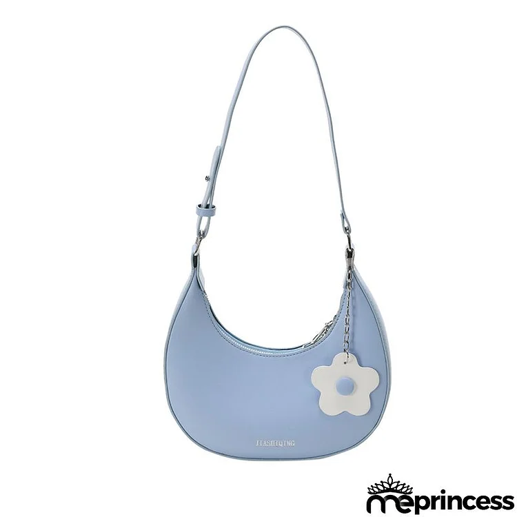 Women Fashion Solid Color Floral Pendant Crescent Zipper Shoulder Underarm Bag