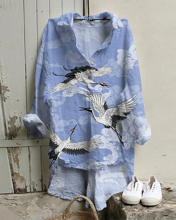 Cranes Japanese Art Cotton And Linen Tunic Shirt