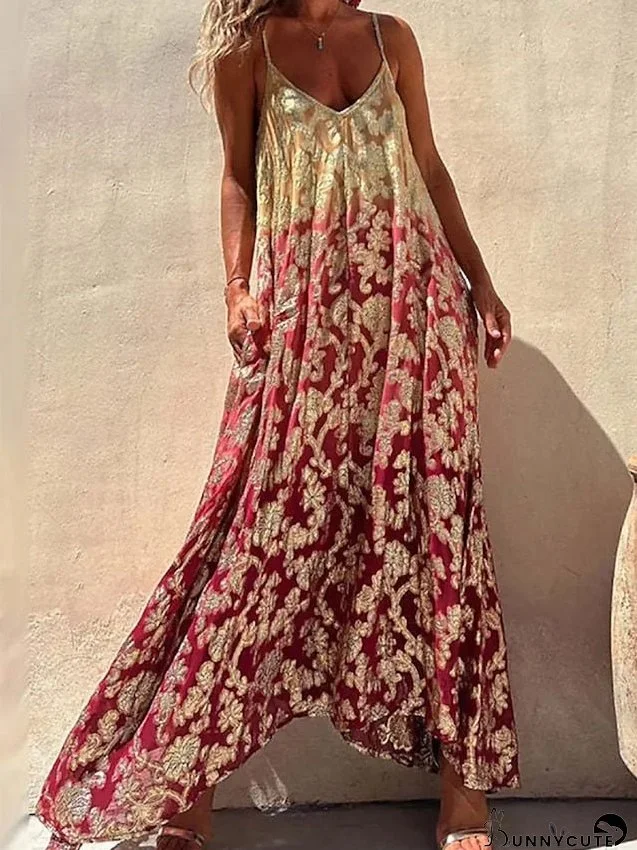 Long Dress Maxi Dress Casual Dress Swing Dress Summer Dress Floral Fashion Modern Outdoor Daily Vacation Print Sleeveless Strap Dress Regular Fit Wine Summer Spring S M L XL XXL for Women