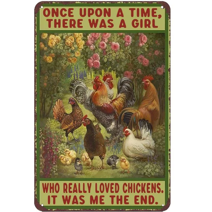 Poulet il était une fois une fille qui aime vraiment les poulets - plaque en bois et panneaux en étain vintage - 7.9x11.8 / 11.8x15.7inch