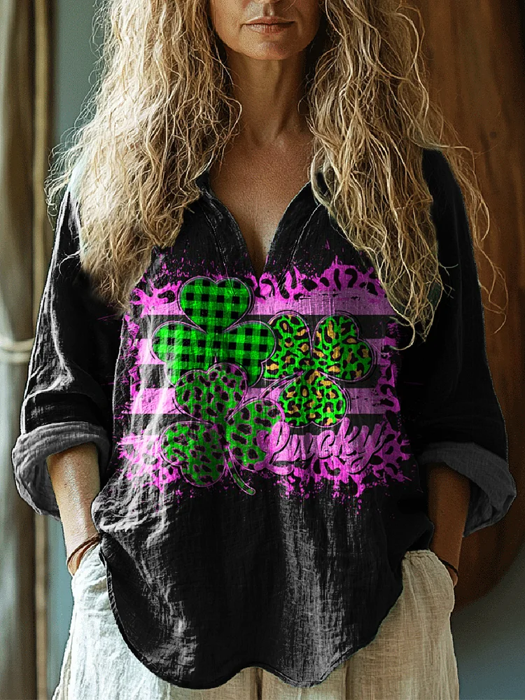 Women's Plaid Leopard St. Patrick Art Print Casual Linen V Neck Shirt