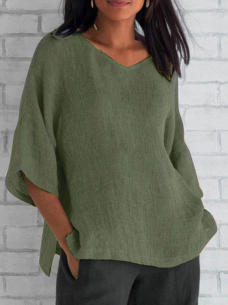 Comstylish Loose V-Neck Elegant Solid Color Mid Sleeve Linen T-Shirt