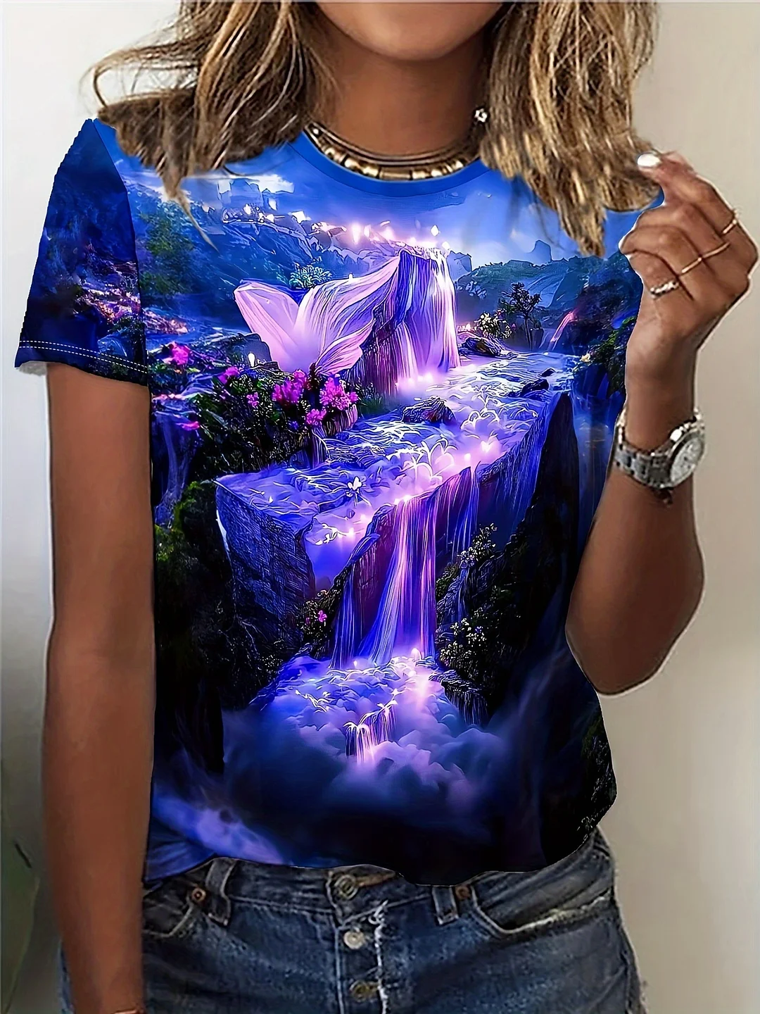 Women's Casual Short Sleeve T-Shirt - Vibrant Waterfall & Floral Print, Soft Stretch Round Neck, Machine Washable, Spring Summer Fall Essential, Spring Fashion, Natureinspired Print, Comfortable Fit, Everyday Outfit, Relaxed Style, Stretchy Material | IFYHOME