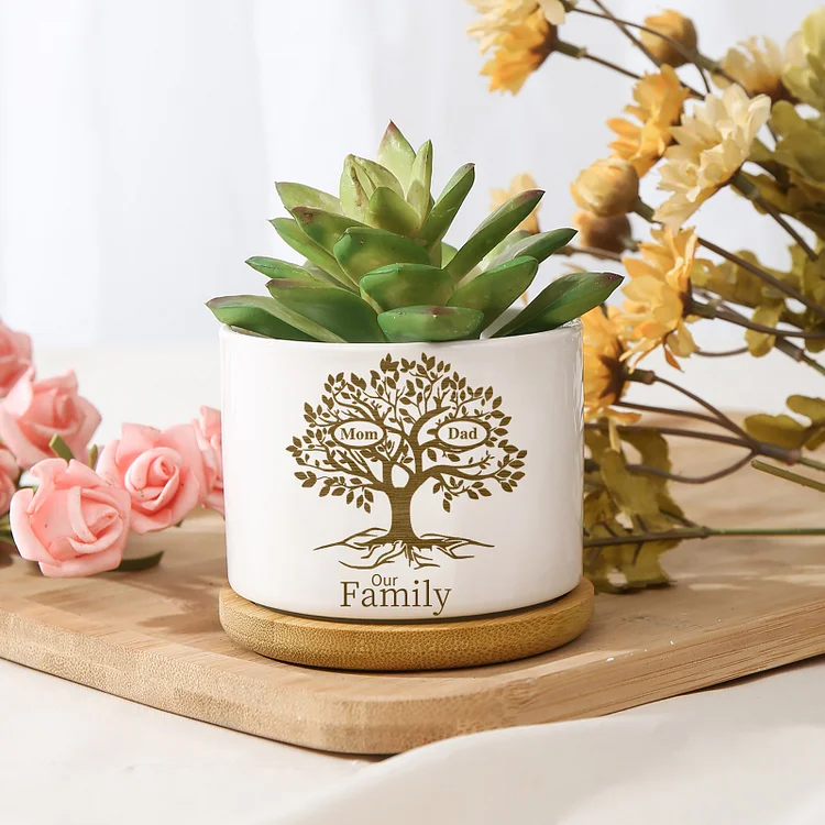 Personalized Ceramic Flowerpot with Wooden Base Custom 2 Names & 1 Text Family Tree Flowerpot Gift for Mom/Grandma