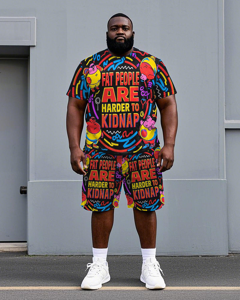 Big Men's Hip Hop Funny Fat People Letter Printed Washed Denim Short Sleeve T-shirt Shorts Set