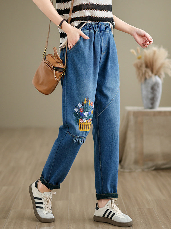 Women's loose Casual Vintage Patch Embroidered Oversized Jeans Pants