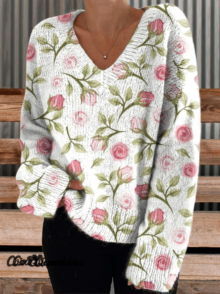 Women’s Vintage Print Casual Long Sleeve Comfortable Cotton Shirt V-Neck Pullover / S