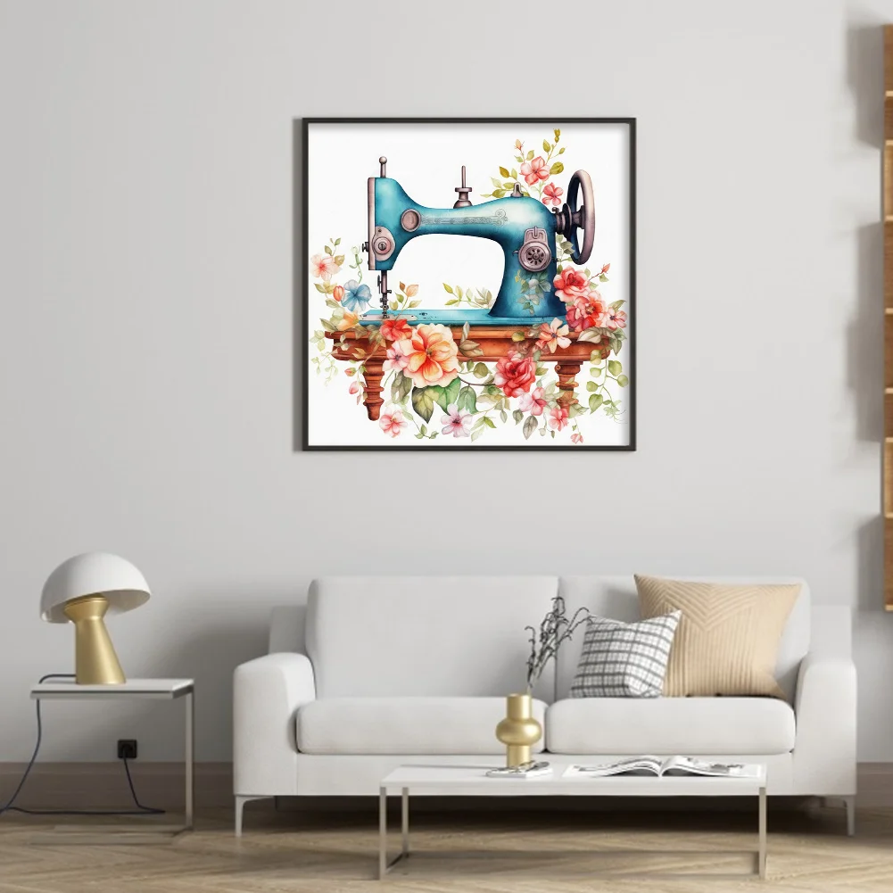 DIY Stamped Cross Stitch 14CT Full Embroidery 40*40cm - Vintage Flower Sewing Machine