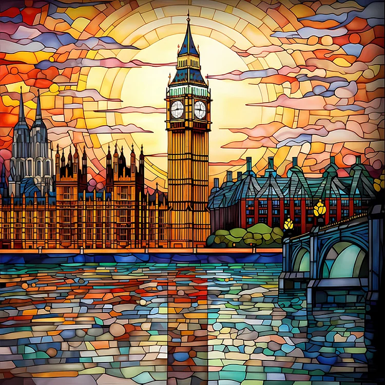 Stained Glass Big Ben 40*40cm (Canvas) Full Round Drill Diamond Painting gbfke