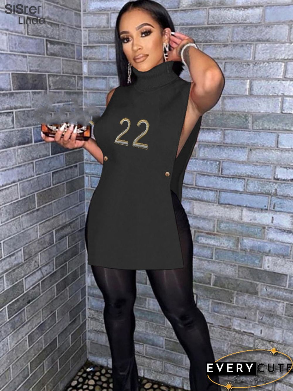 Casual Letter Embroidery Y2K Tank Top Women Sleeveless Knit Turtleneck Side Hollow Wild Slim Stretch Trend Vest