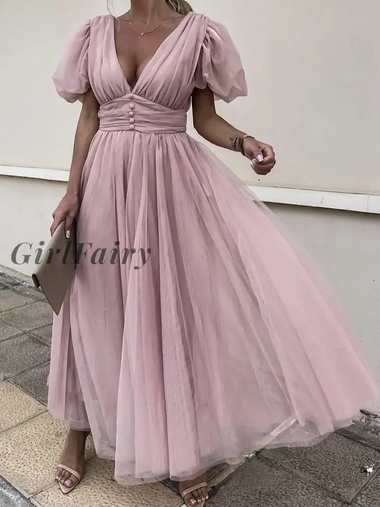 Girlfairy Fashion Ladies V Neck Solid Color A-Line Dress Women Short Sleeve Lace Mesh Long 2022