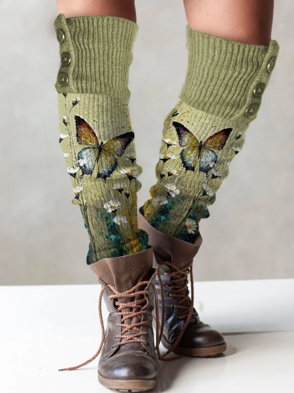 Retro butterfly print knit boot cuffs leg warmers