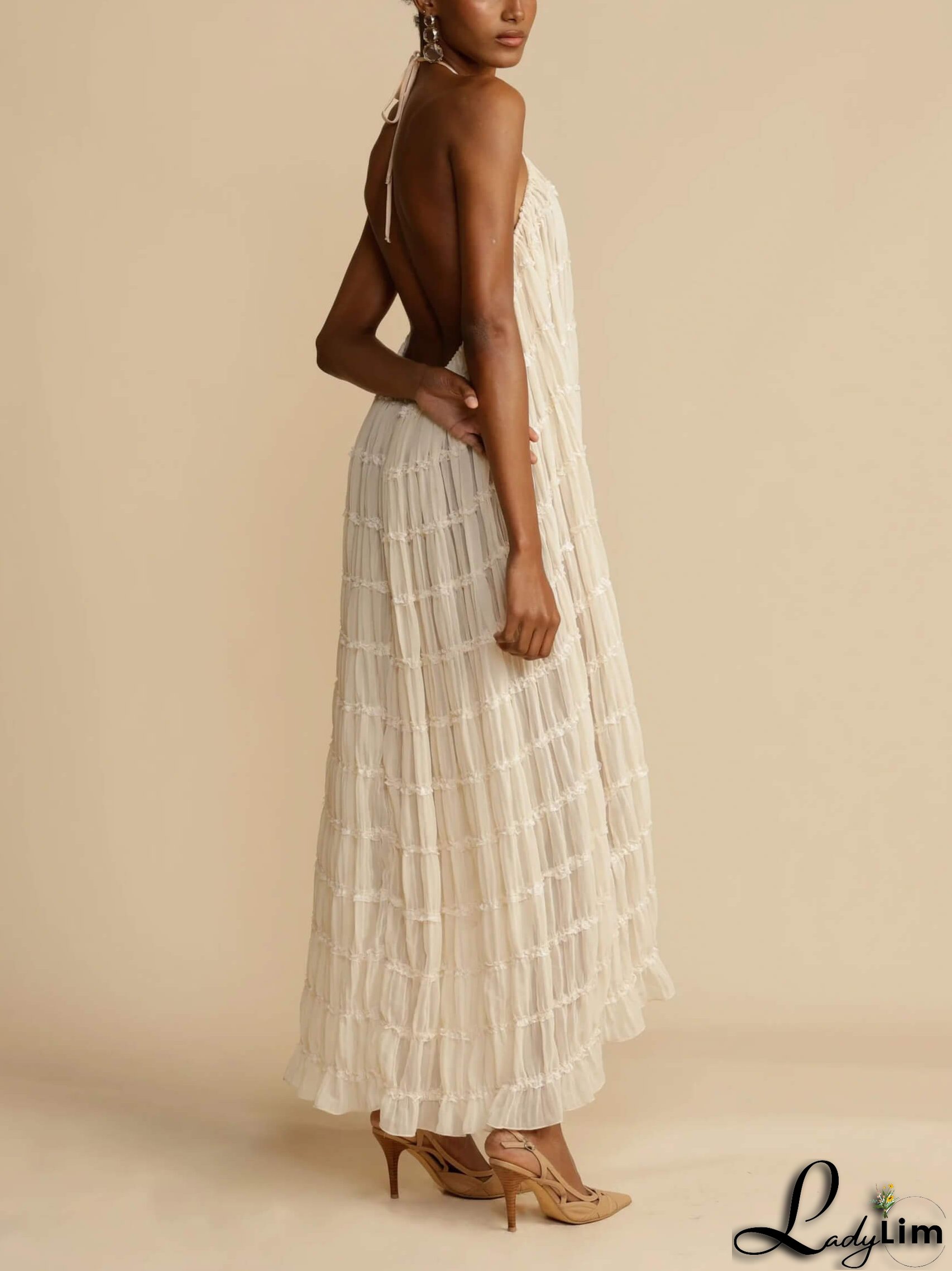 Charming Pleated Drawstring Waist Tiered Halterneck Midi Dress