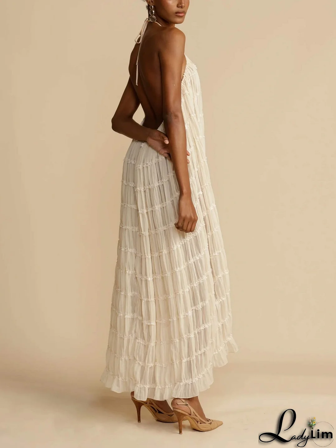 Charming Pleated Drawstring Waist Tiered Halterneck Midi Dress