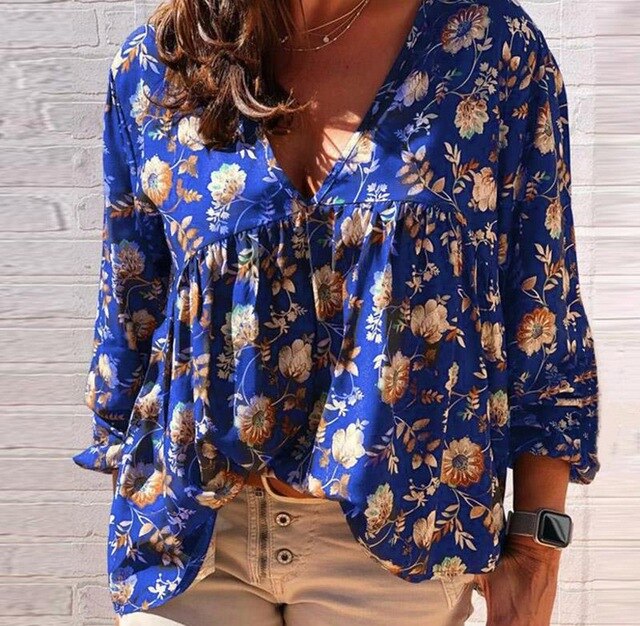 Women Elegant V-Neck Floral Print Blouse Shirts Autumn Vintage Long Sleeve Pullovers Tops Ladies Plus Size Pleated Blouses