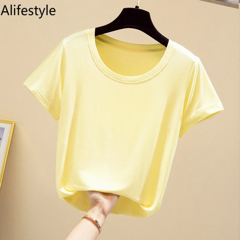 2020 Popular Light Thin High Elastic Fashion Casual Round Collar Short Sleeve T-Shirt Brand High Quality Pure Cotton Women'S Top