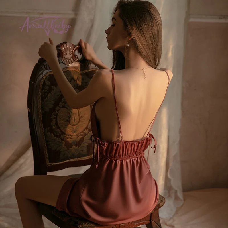 Sexy Nightgowns Women Sleepwear Ice Silk Solid Color Slim Waist Strap Temptation Nightdress Homewear Sleeping Dress
