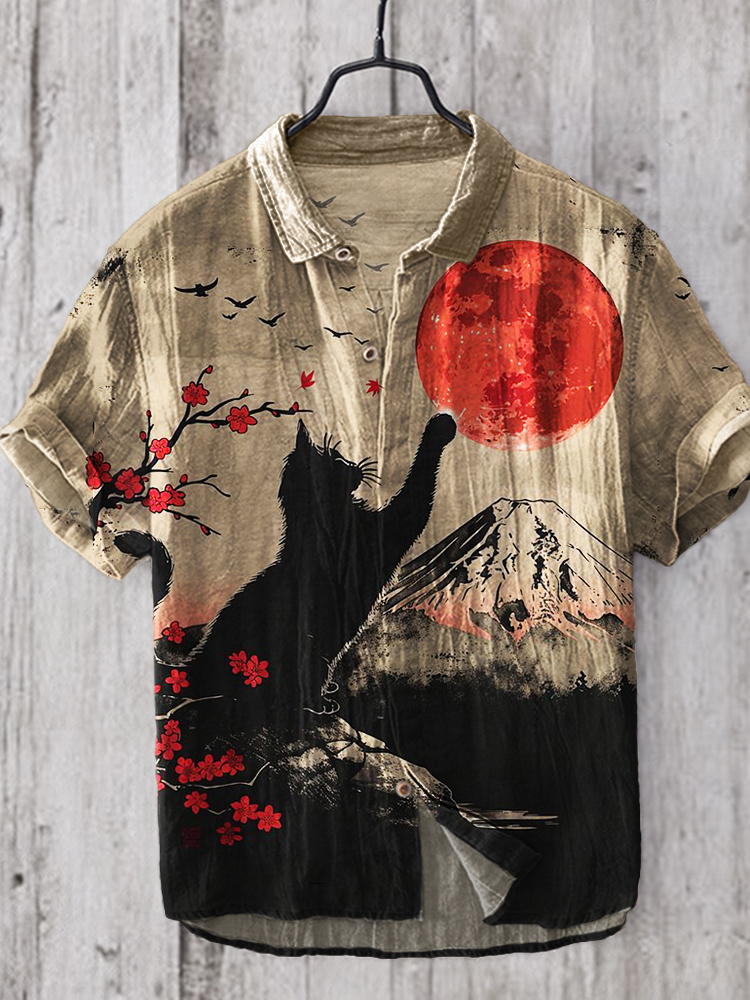 Cat & Plum Blossom Mount Fuji Sunrise Japanese Art Linen Shirt