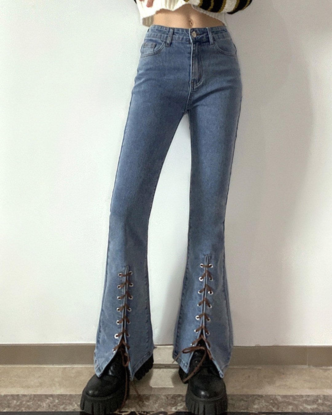 Fashionv-String Slit Stylish Stretch Flare Jeans